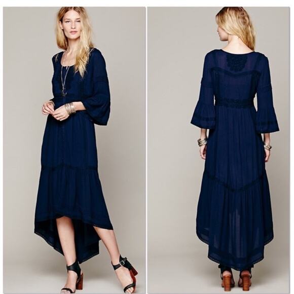 Free People Dresses & Skirts - Free People Navy Boho Cottage Core Teared Lace Hi Low Maxi Dress Bell Sleeve 2